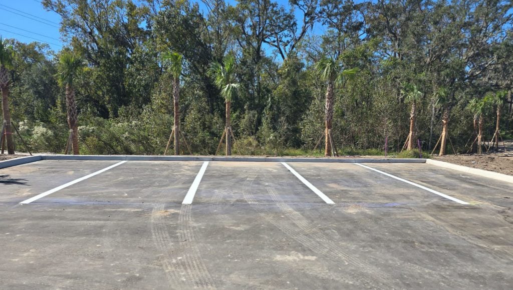 close-up front view of Park parking lot freshly painted