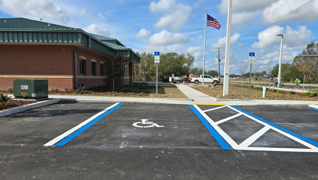 Pasco Fire Station parking lot with freshly painted ada compliance parking spots