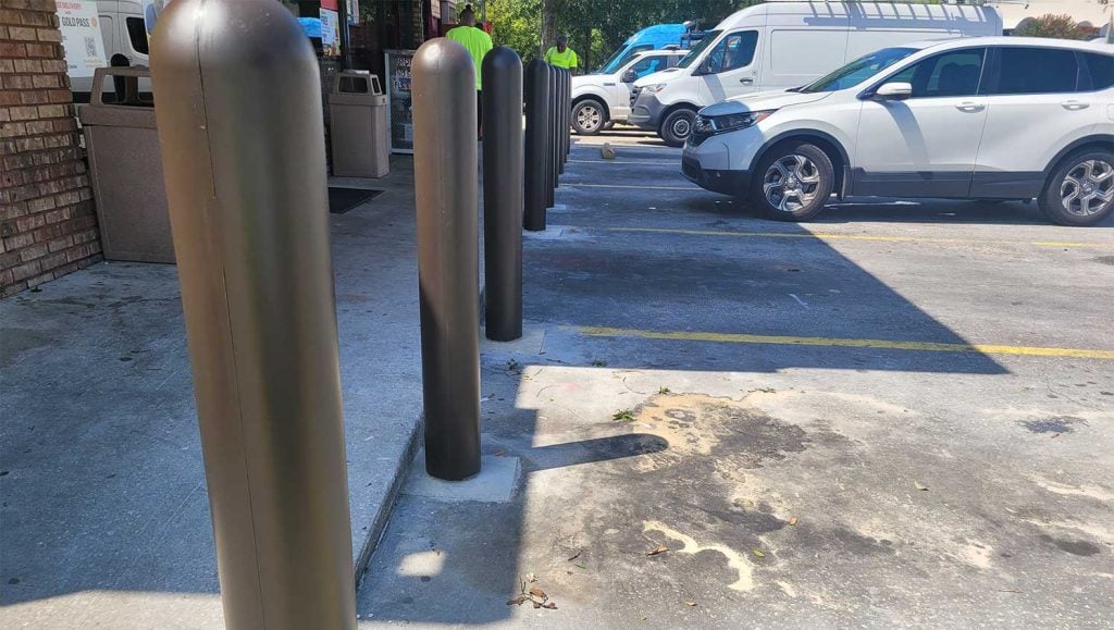 black bollards outside of the store