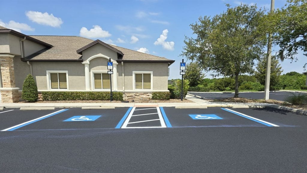 Office District parking lot with freshly painted parking spots