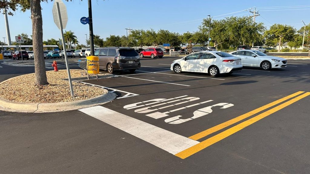 freshly painted line markings for walmart parking lot