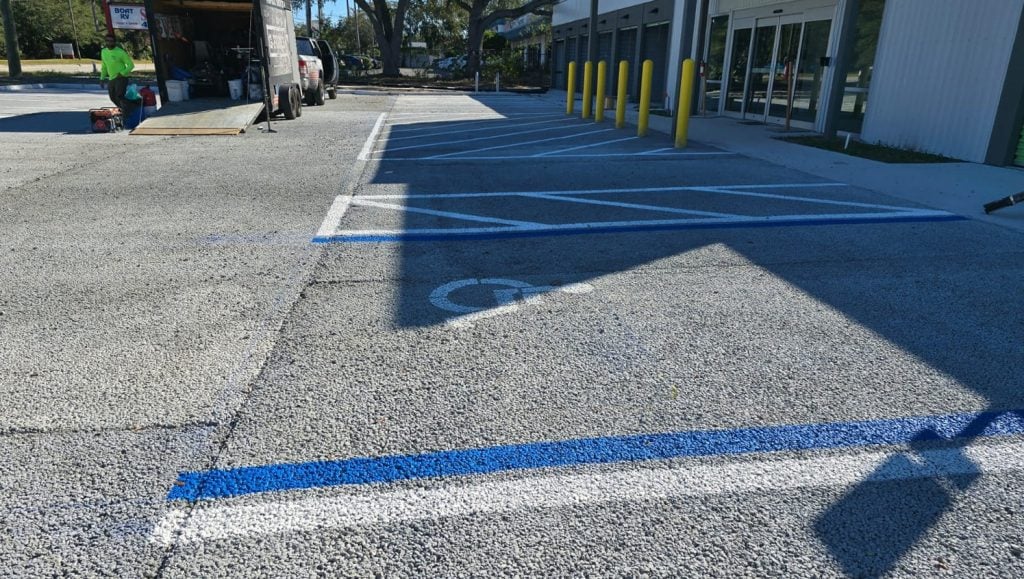 close-up front view of ada compliance parking spot freshly painted