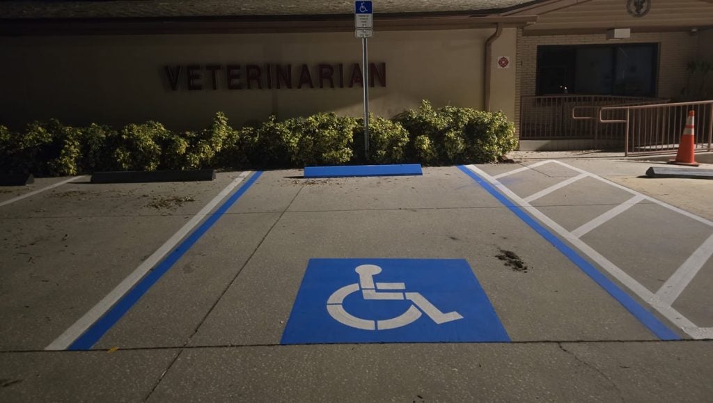 Veterinarian Clinic parking lot with faded parking spots