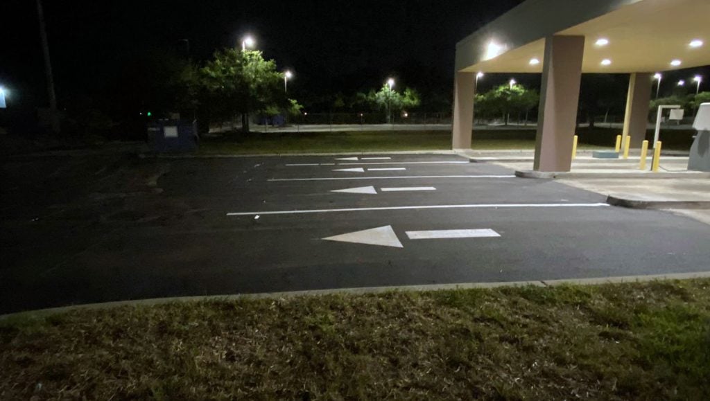 re-striped banking lane entrance lines and arrows at Wells Fargo in Tampa, FL