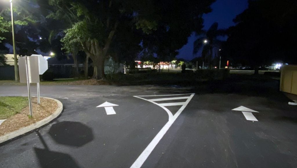 re-striped banking drive-thru exit lines and arrows at Wells Fargo in Sun City Center, FL