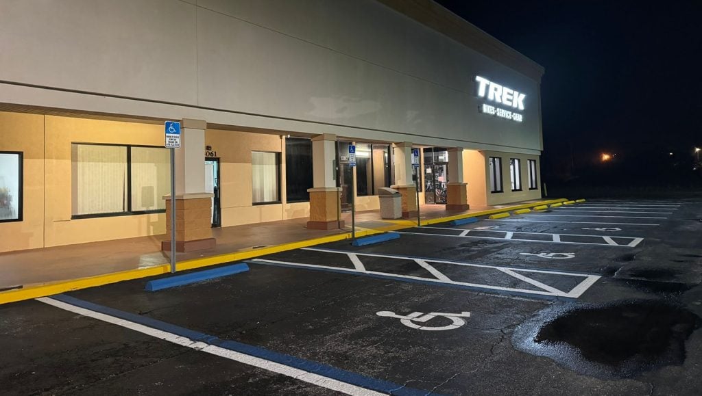freshly painted parking spots in shopping plaza