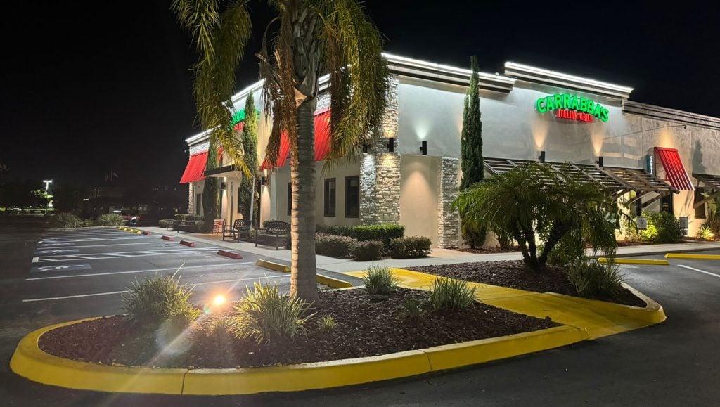 shopping plaza parking lot with freshly painted lines