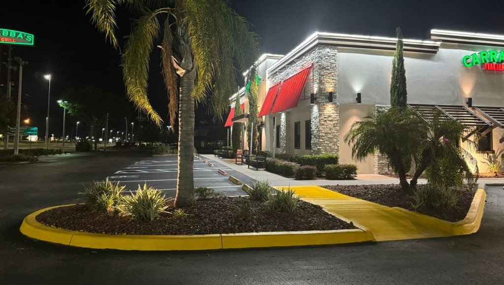 freshly painted yellow lines for shopping plaza parking lot