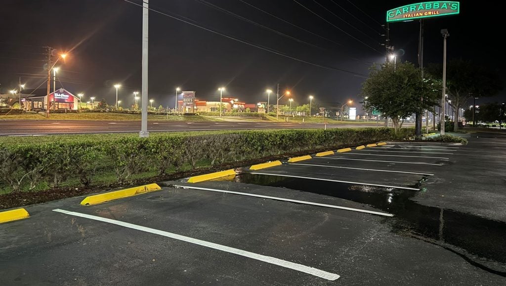 front view of restaurant with freshly painted line markings