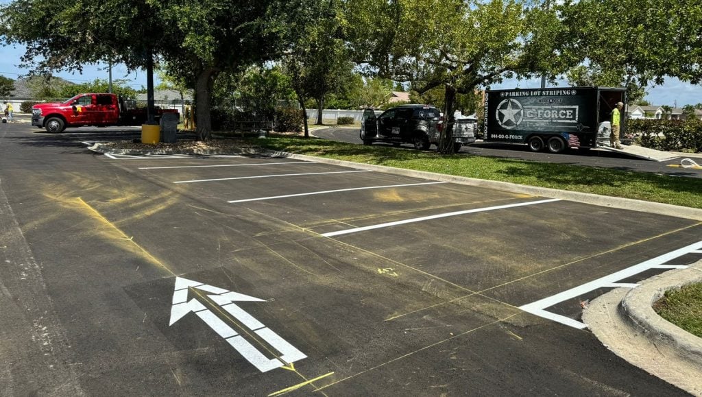 parking lot with fresh painted lines with g-force truck