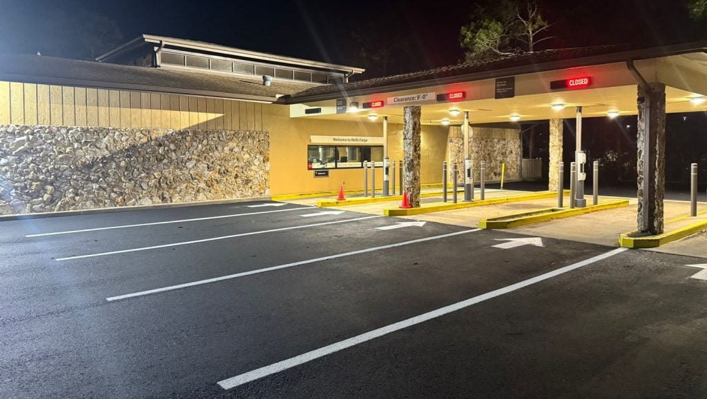 wells fargo parking lot with freshly painted lines