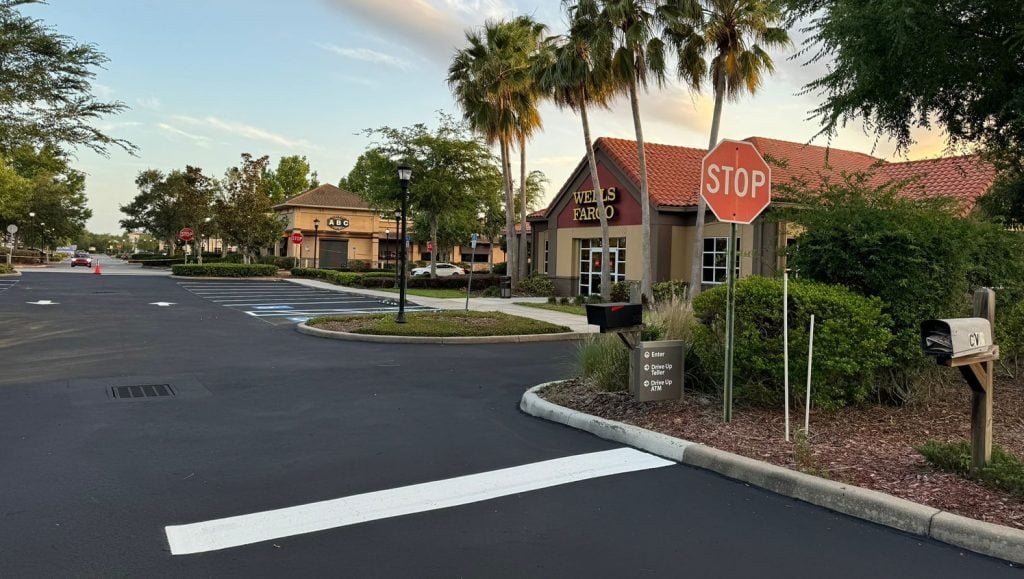 close-up of wells fargo parking lot with restriped lines