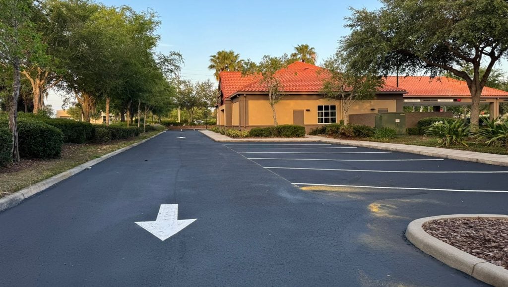 front view of front parking lot with freshly painted lines and parking spots