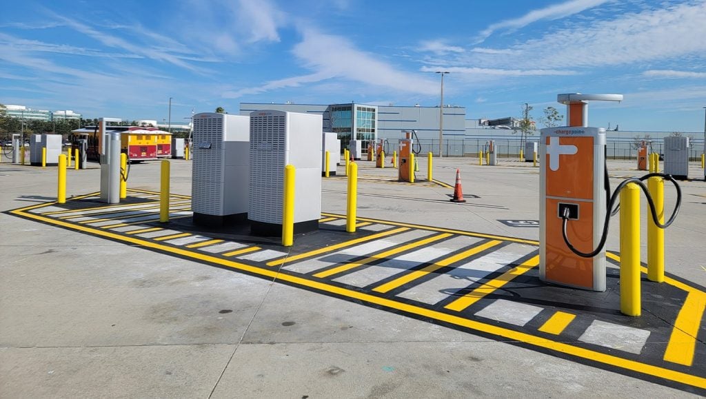 close-up of freshly painted line markings for Charge/Fueling Station for Public Transportation