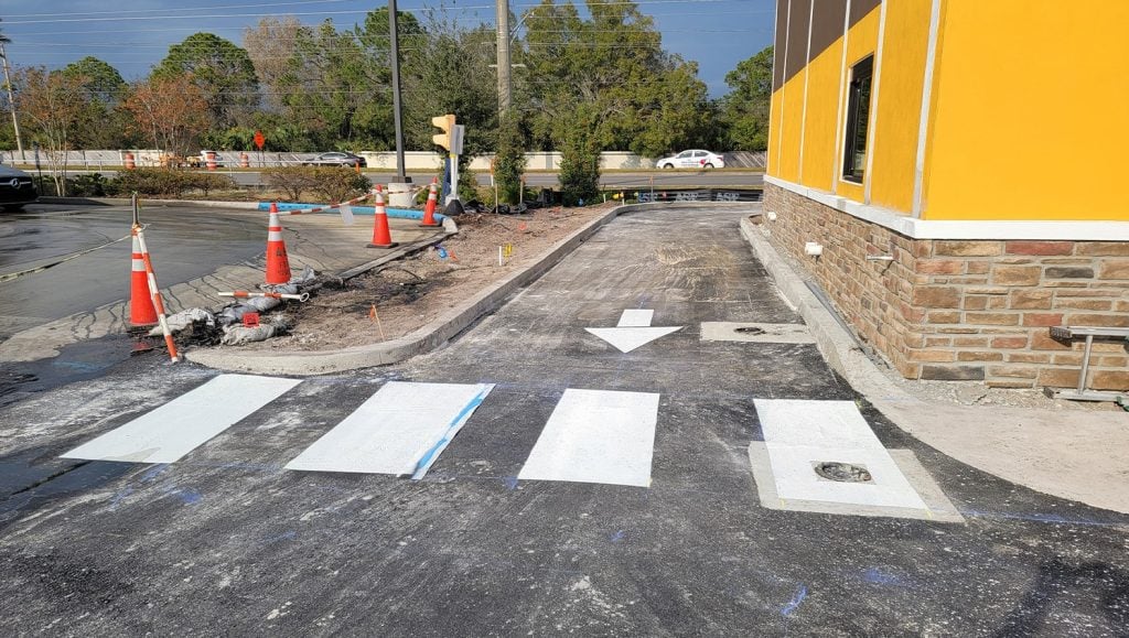 crosswalk freshly painted for Coffee Shop parking lot