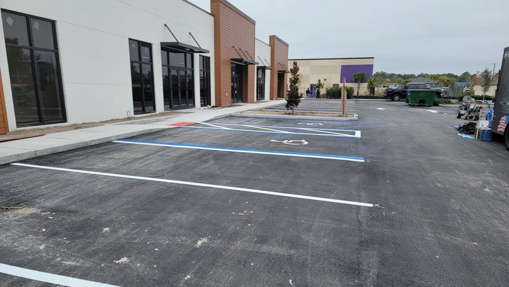 freshly painted parking spots for a set of stores