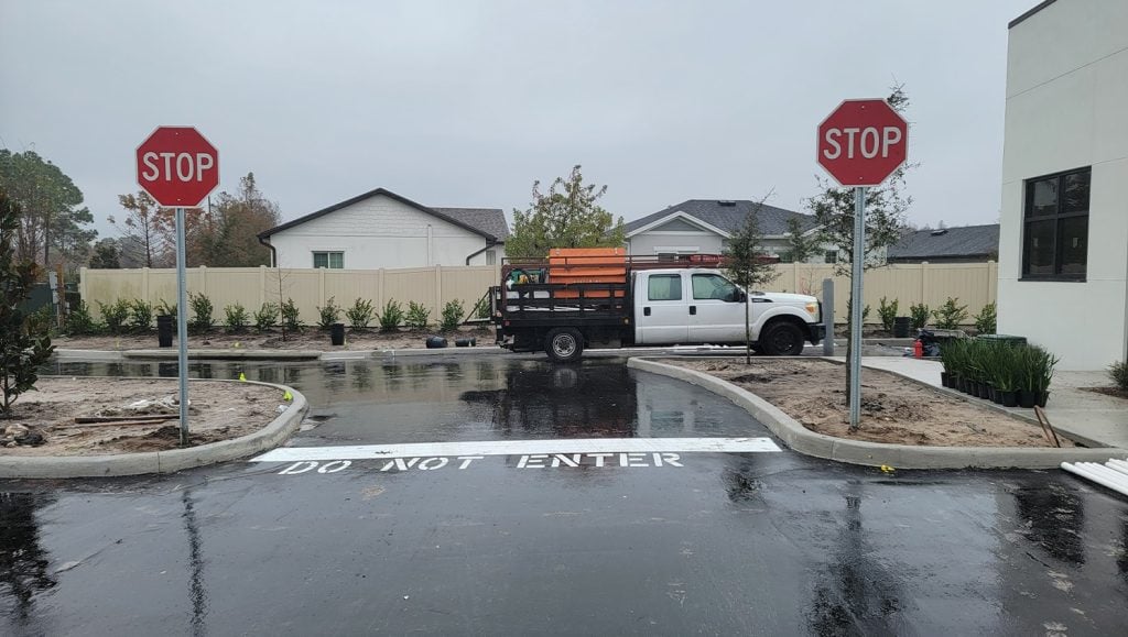 strip mall parking lot freshly painted