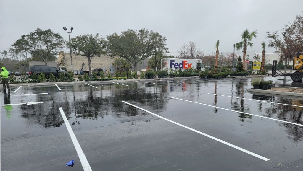 freshly painted parking spots for strip mall parking lot