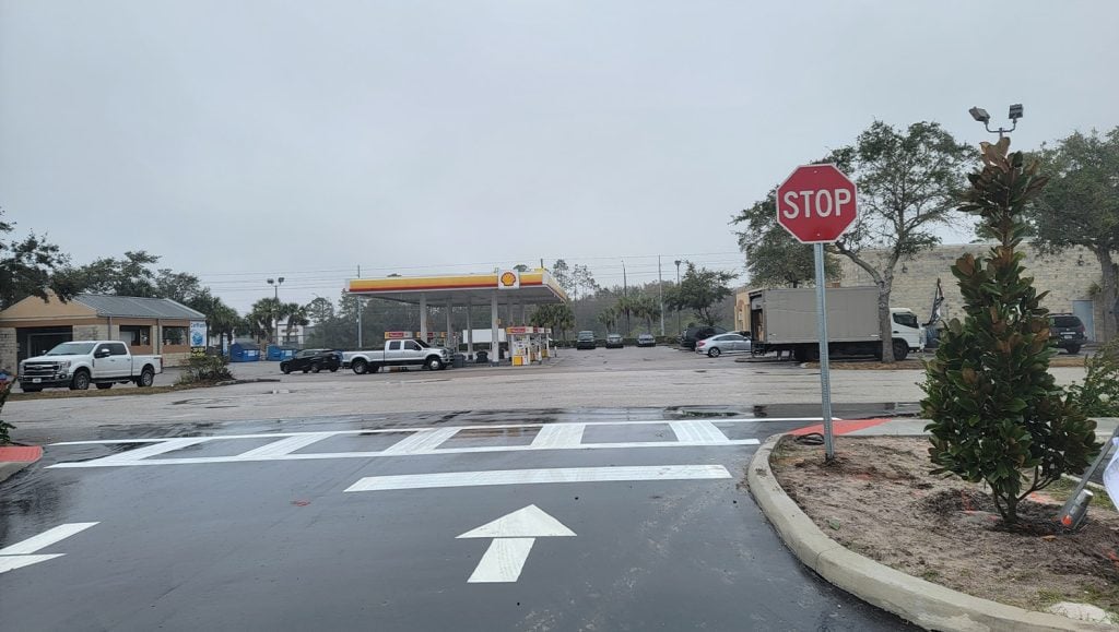 line striping freshly painted for strip mall parking lot