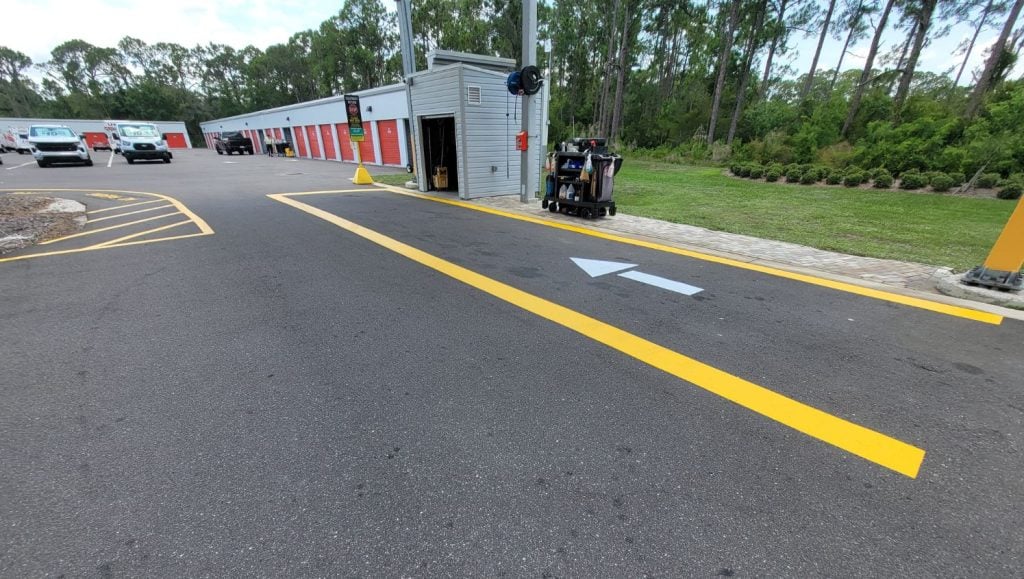 line striping freshly painted for U-Haul parking lot