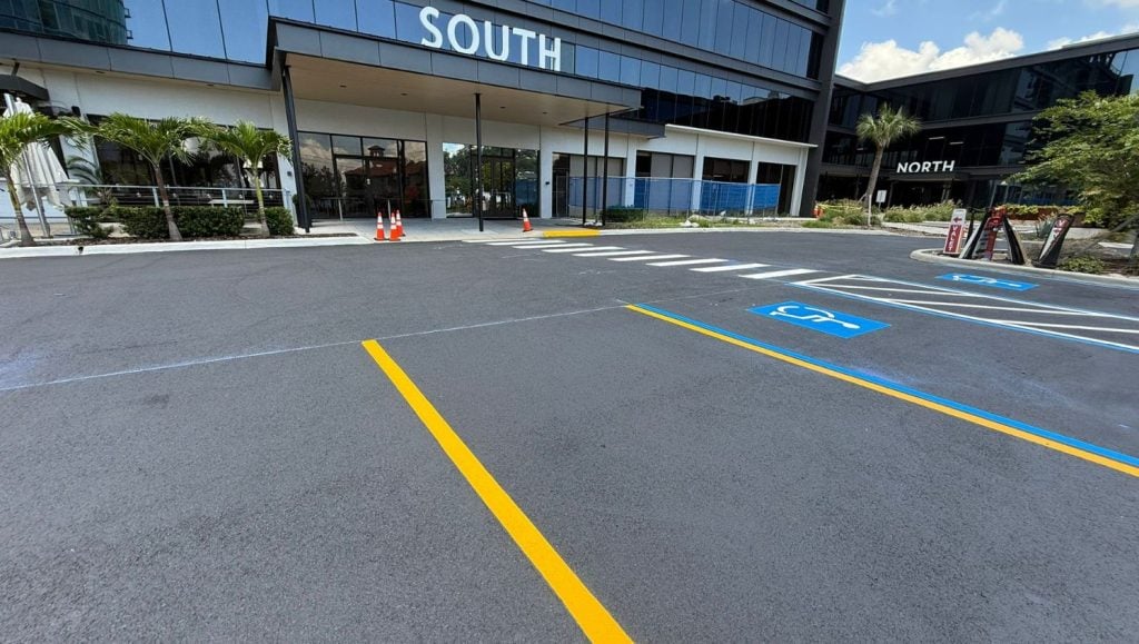 parking spots freshly painted for Bay to Bay parking lot