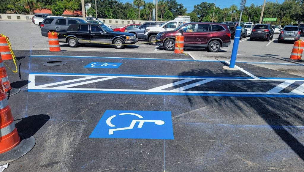 Publix Shopping Center parking lot with freshly painted line markings