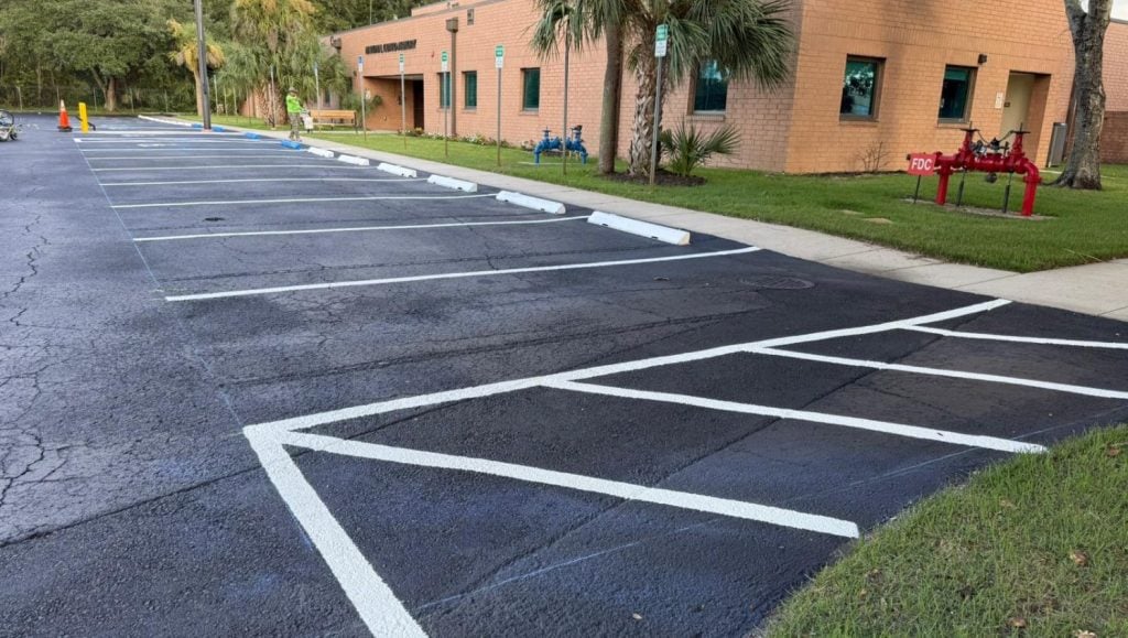 parking spots freshly painted for National Guard Armory parking lot