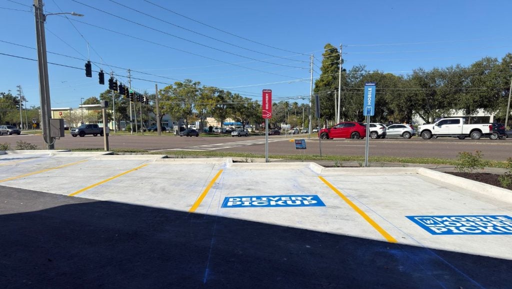freshly painted line markings for wendys parking lot