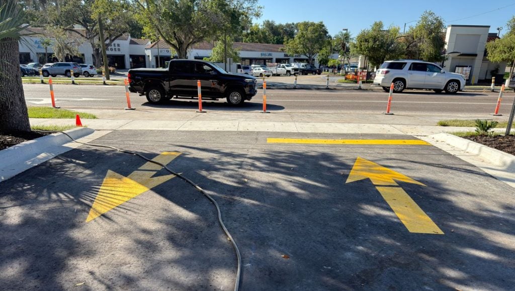 yellow line markings freshly painted for Wendys