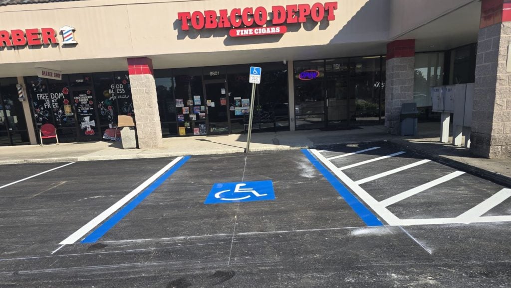 front view of ada compliance parking spots freshly painted