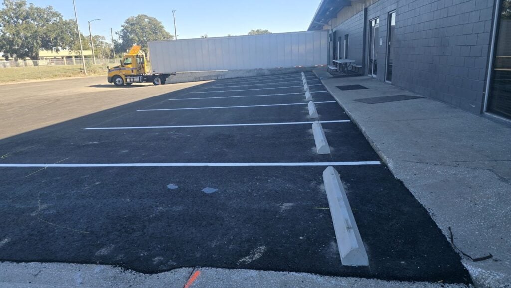 close-up of warehouse parking lot with freshly painted parking spots