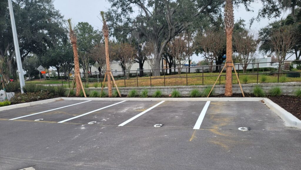 close-up of parking spots freshly painted for The Hub parking lot