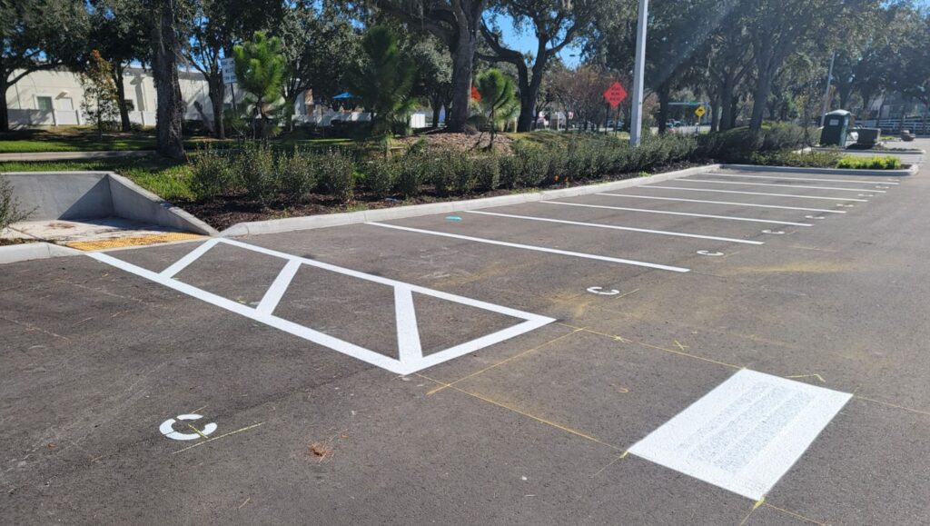 freshly painted line markings for The Hub parking lot