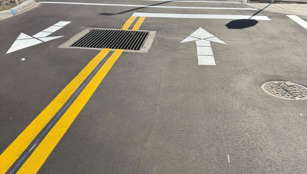close-up of line striping freshly painted for new business