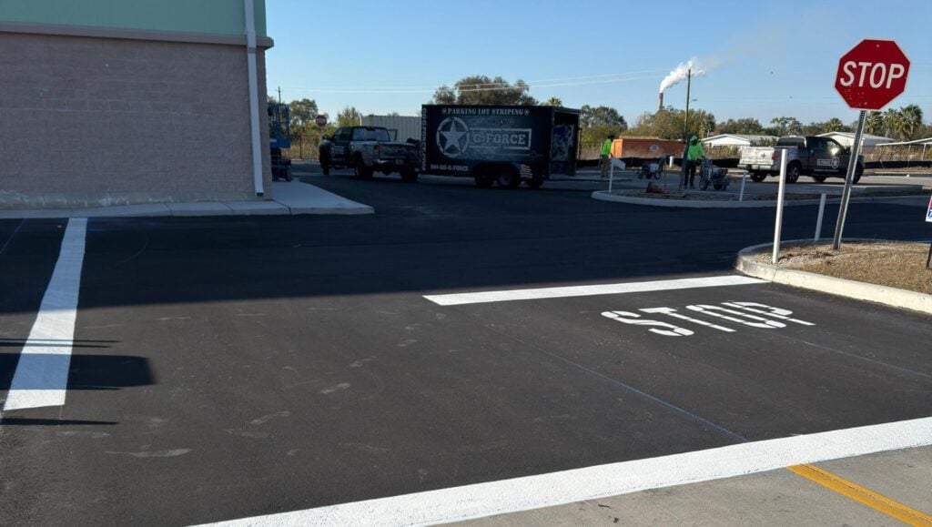 new business parking lot with freshly painted line markings