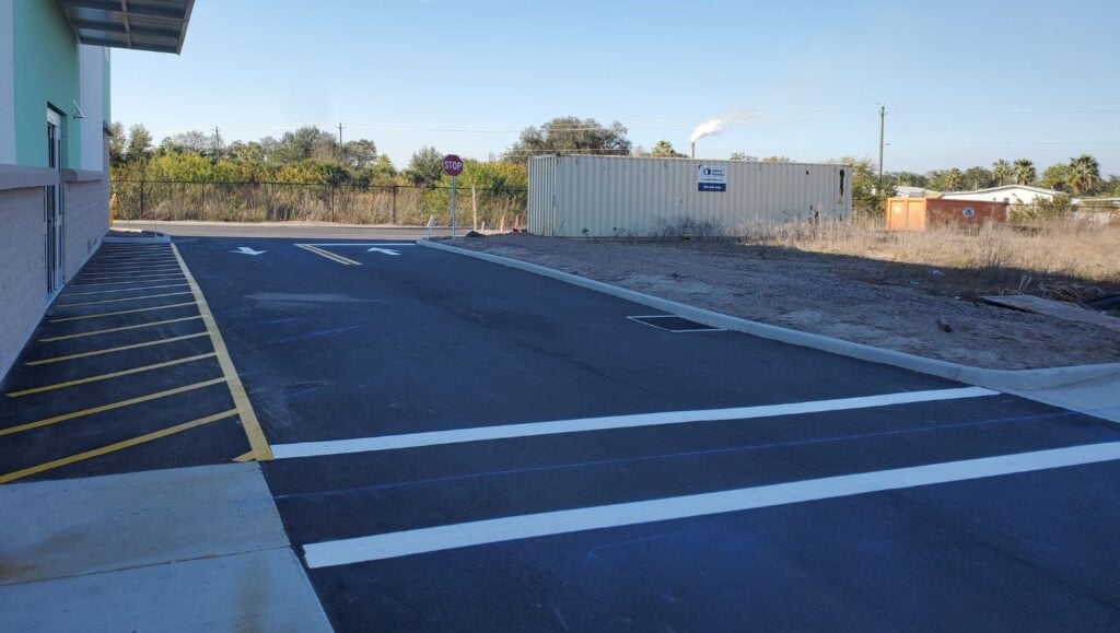 white line markings freshly painted for new business parking lot
