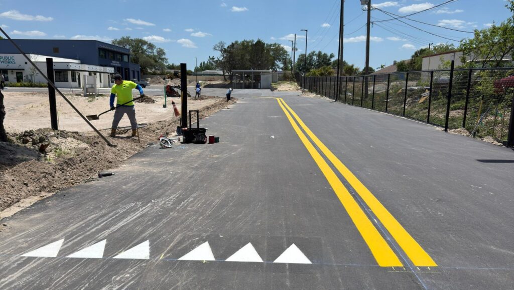 new business parking lot with new line markings freshly painted