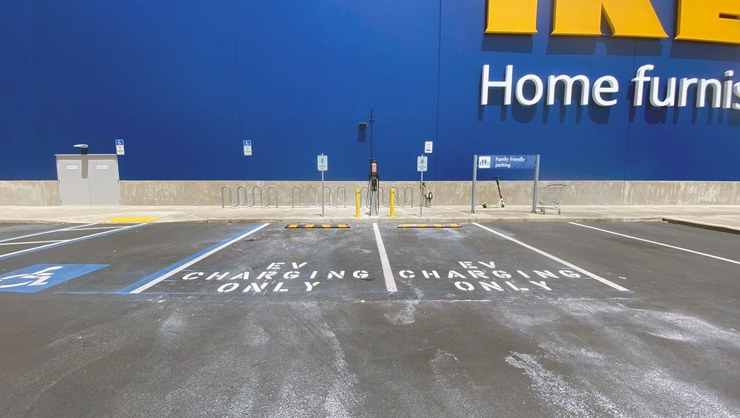 new EV charging station stalls striped for a Tampa, FL IKEA