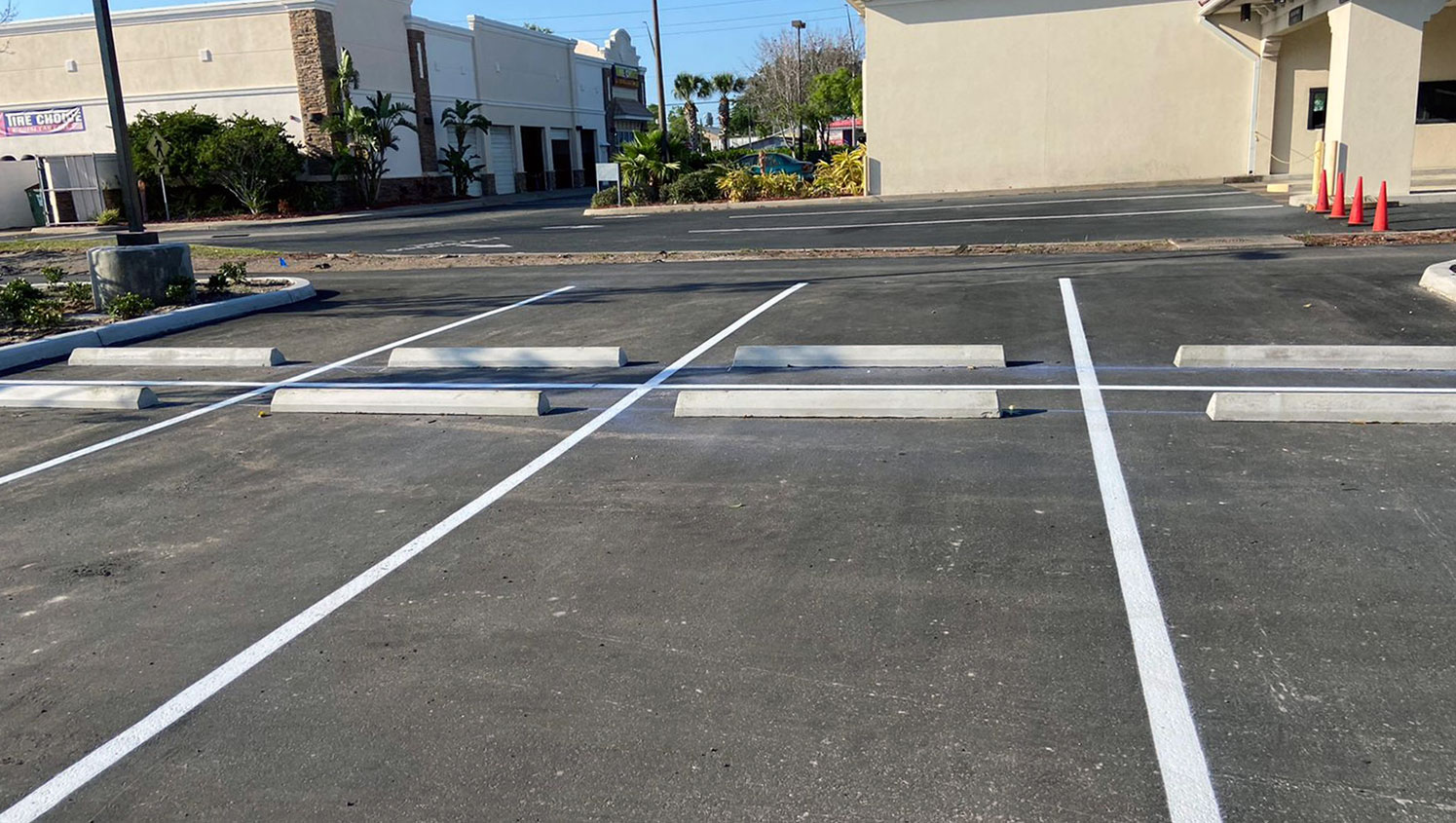 Freshly marked parking lot stalls and wheelstops in Sarasota parking lot