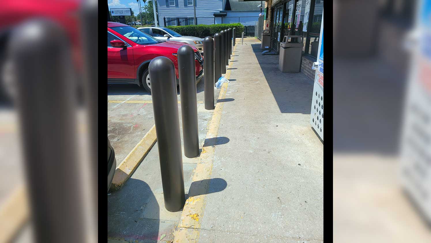black bollards outside of the store