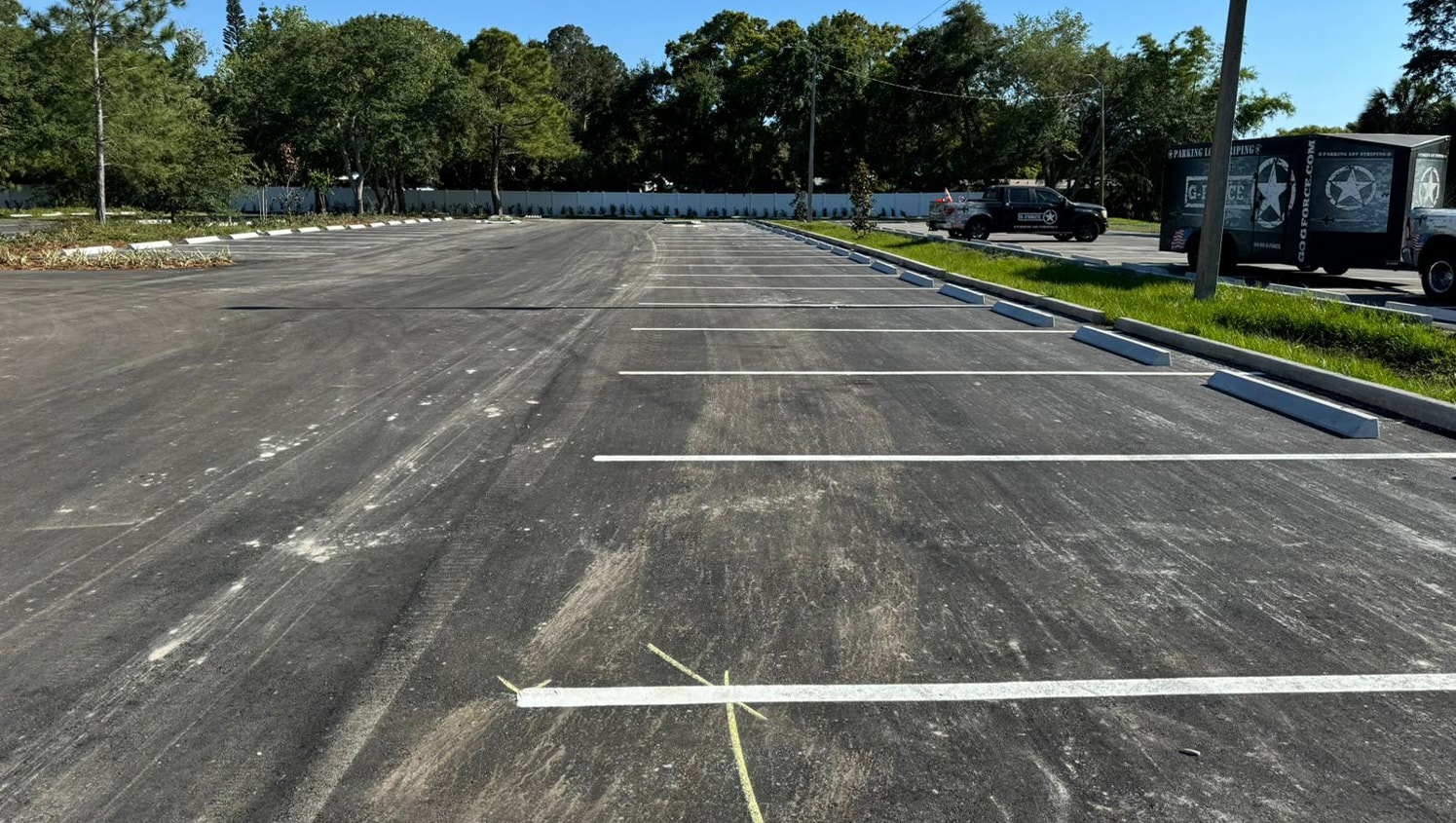 close-up of freshly painted lines for parking lot