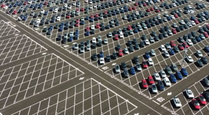 aerial view of parking lot freshly painted