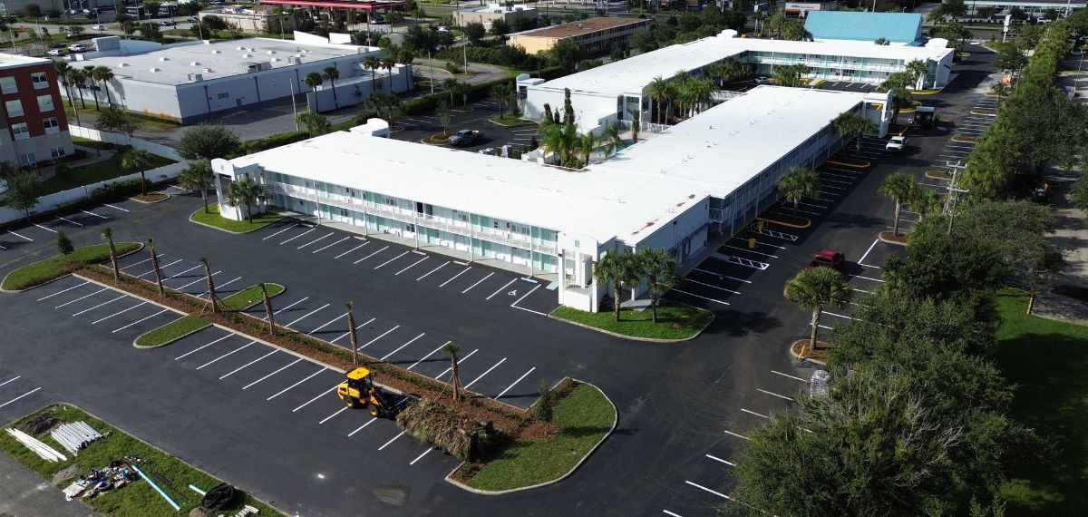 aerial new parking lot layout to reduce accidents